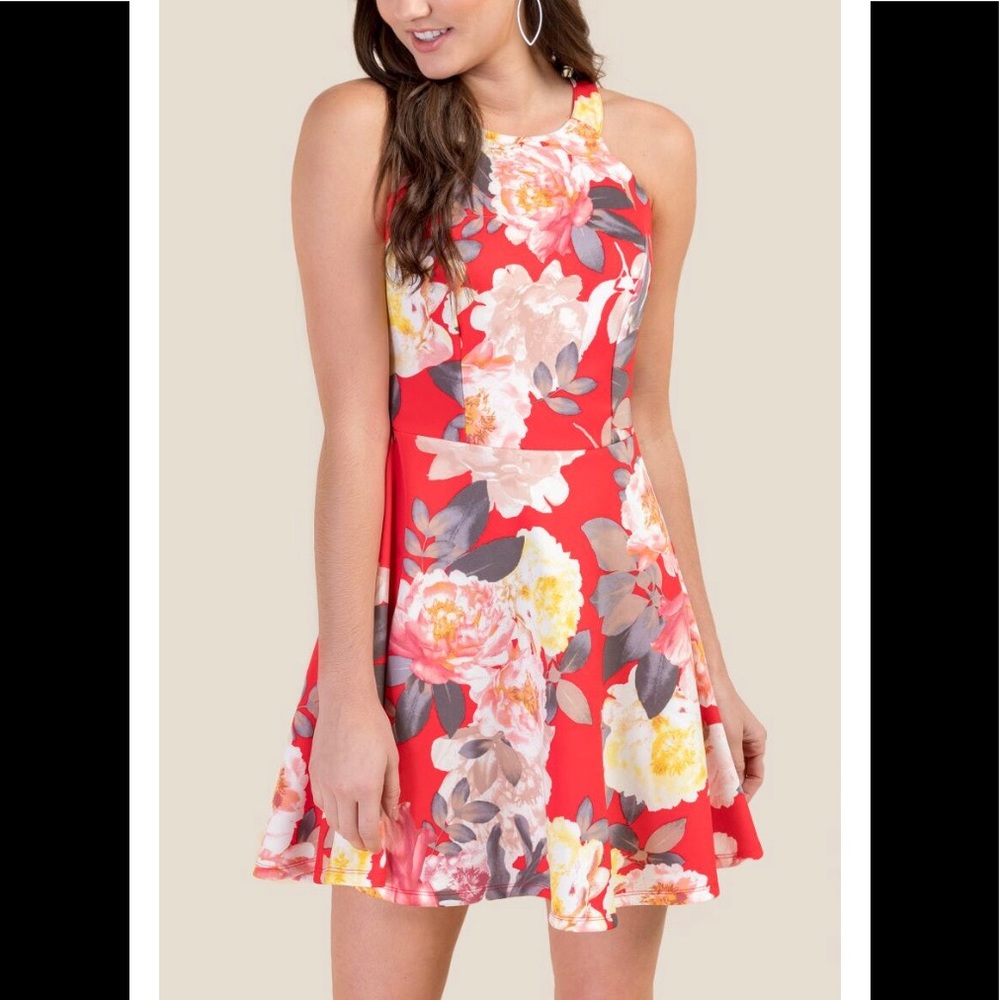 Francesca’s Alisa Red Floral Scalloped Dress NWOT